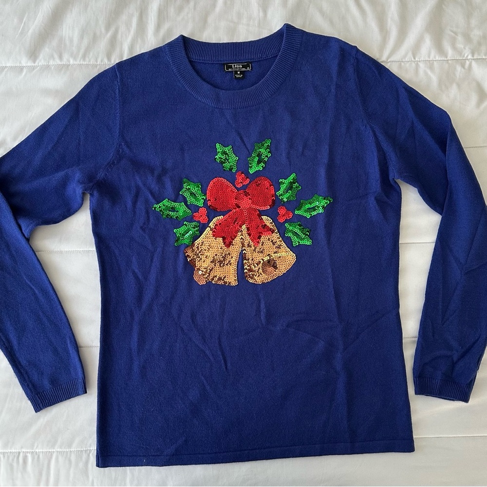 Lisa International Blue Holiday Sweater with Sequin Bells Size M